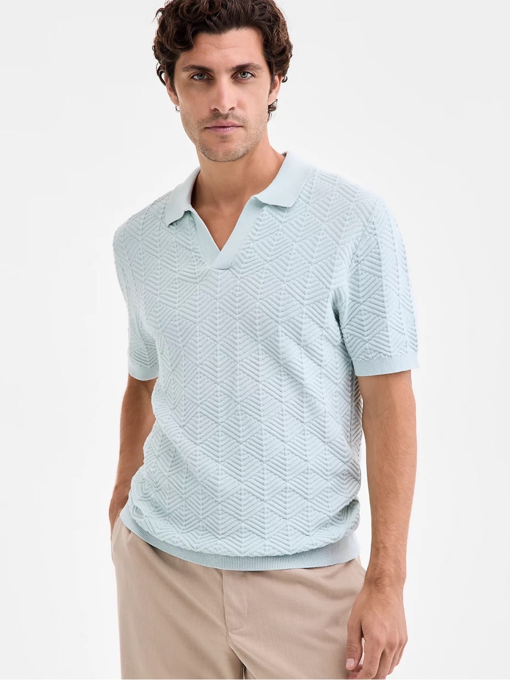 Alfani Light Blue Textured Short-Sleeve Polo